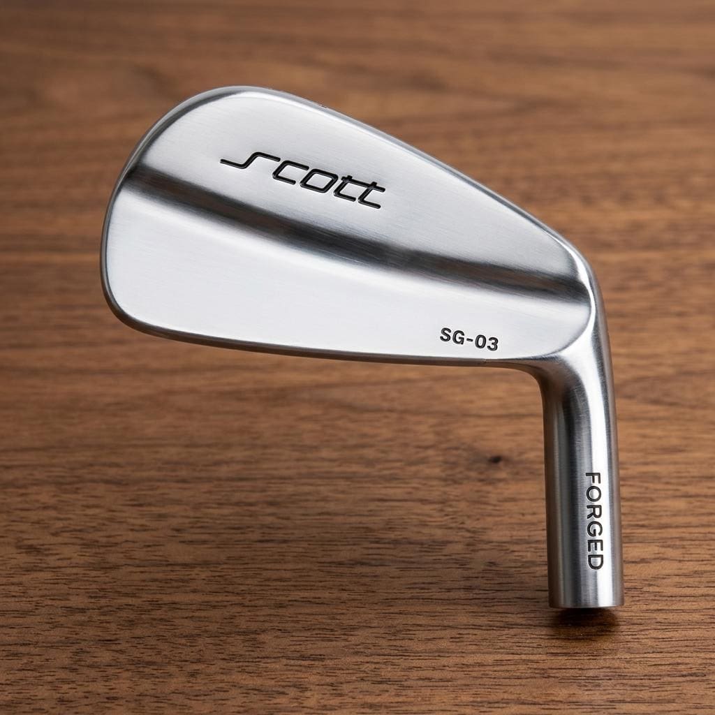 Scott Golf SG-03 silver iron head on a walnut wood background